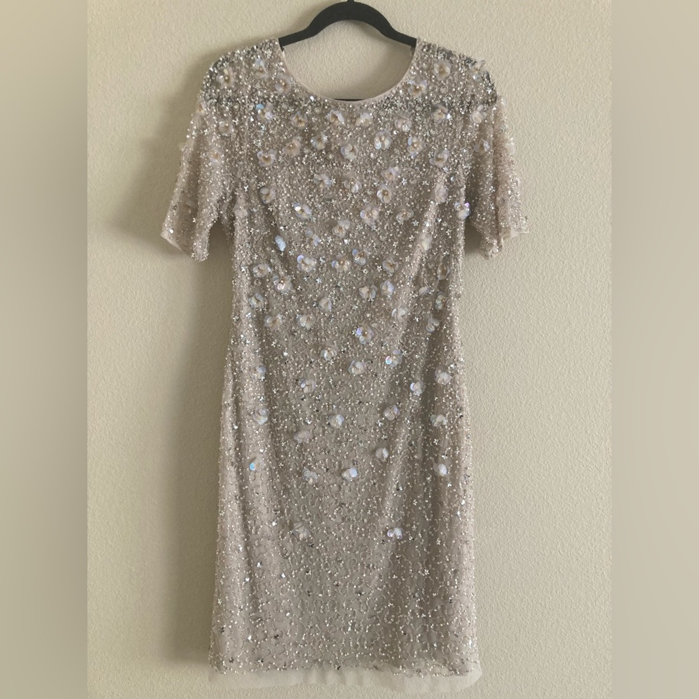 Adrianna Papell Beaded Mid-length Dress in color Biscotti size 10